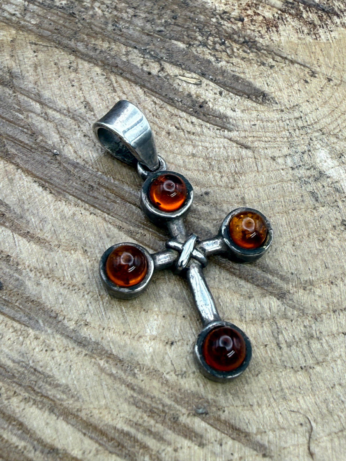 Vintage Sterling Silver Amber Cross Pendant