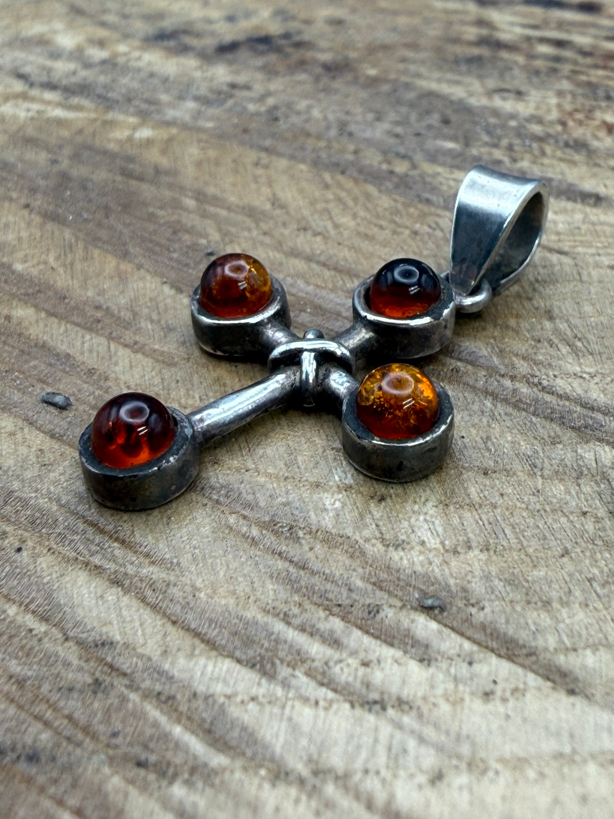 Vintage Sterling Silver Amber Cross Pendant