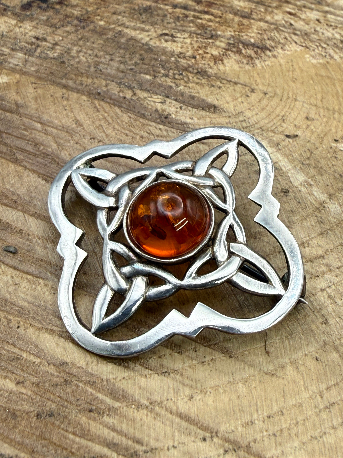 Vintage Celtic Knot Brooch with Amber Cabochon