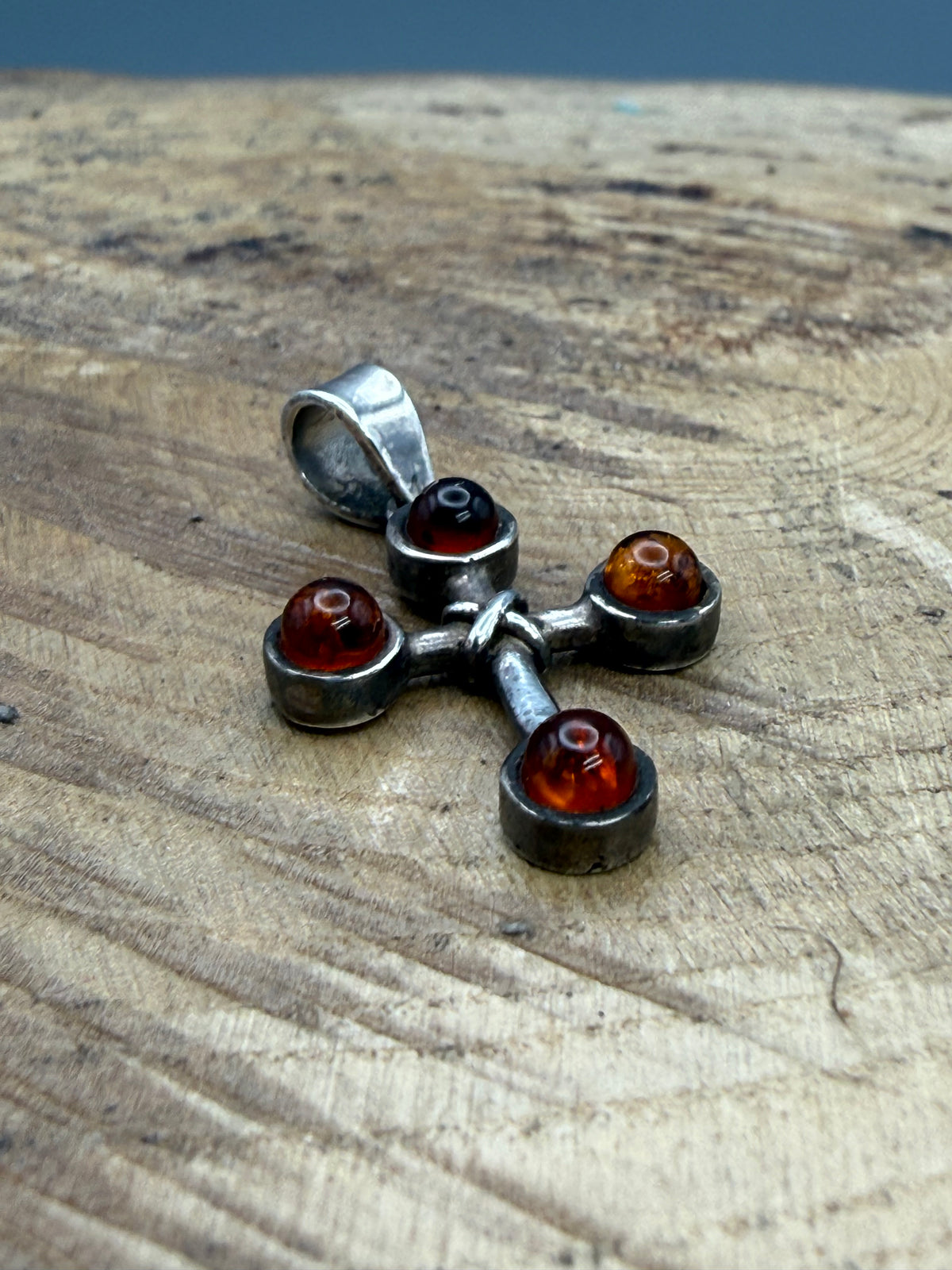 Vintage Sterling Silver Amber Cross Pendant