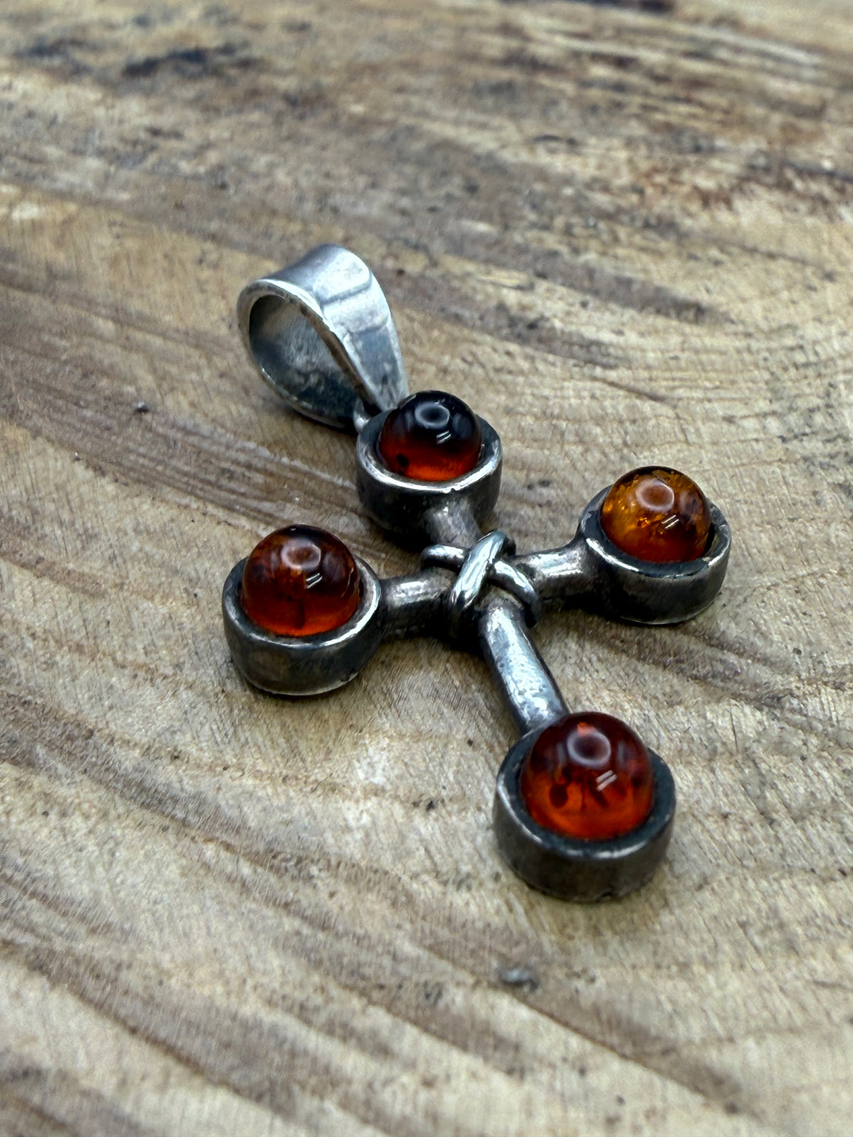 Vintage Sterling Silver Amber Cross Pendant