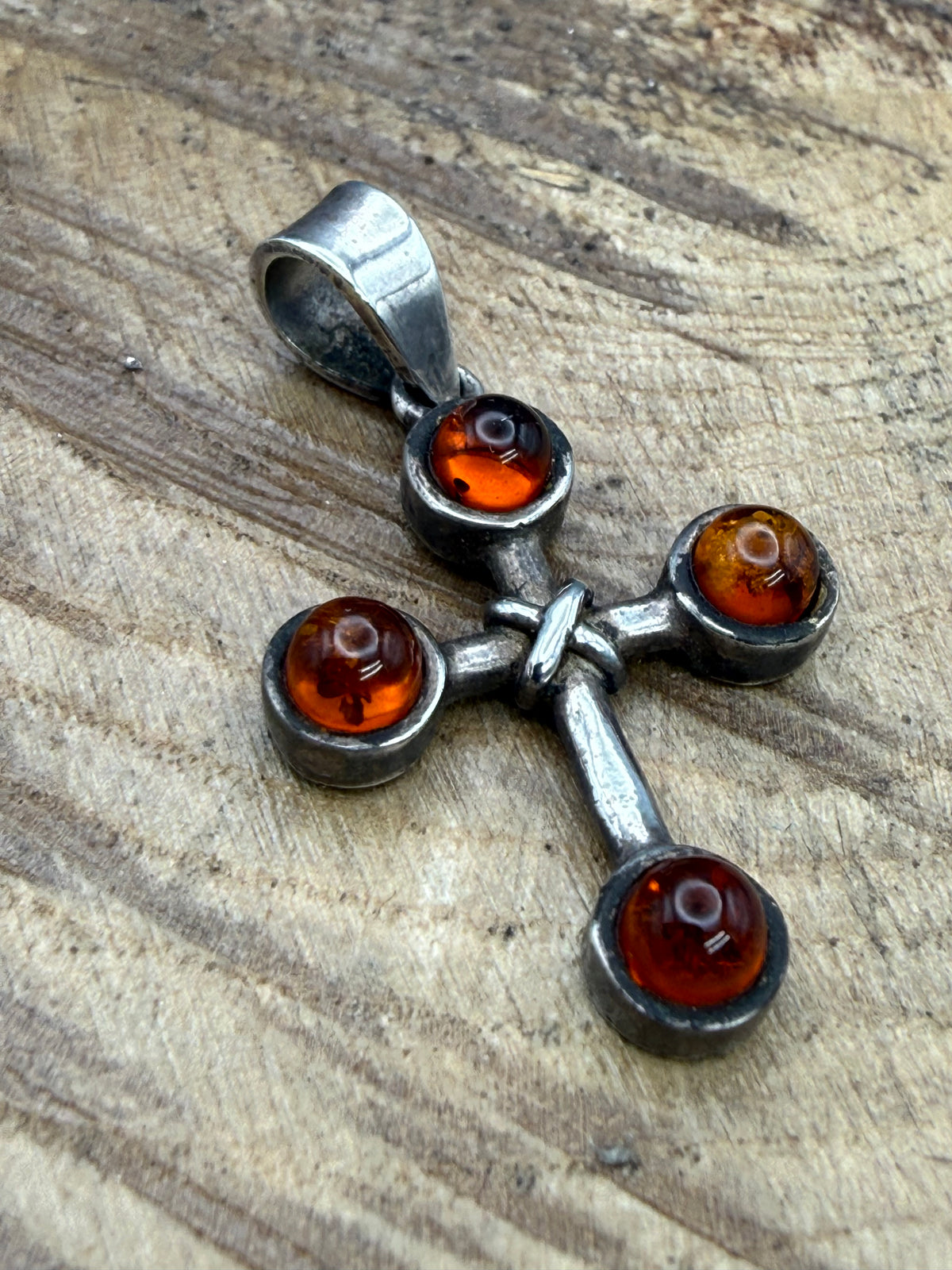Vintage Sterling Silver Amber Cross Pendant