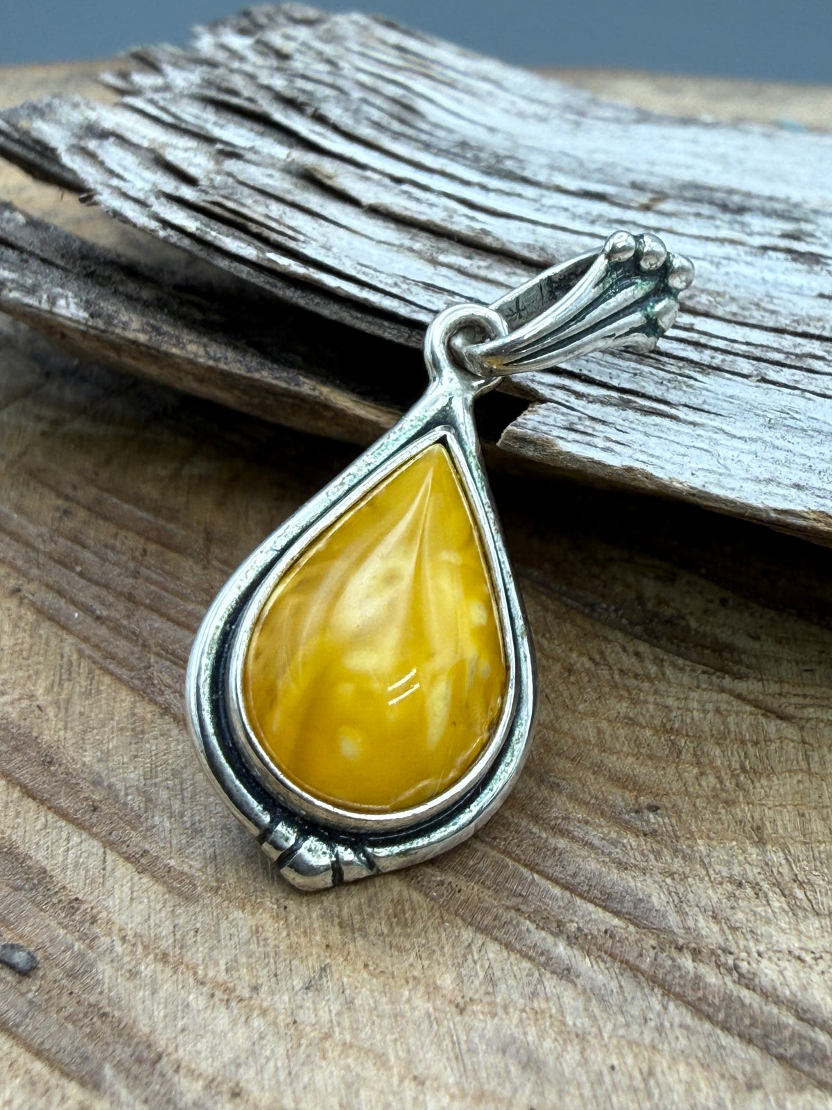 Vintage Butterscotch Amber Teardrop Pendant, Sterling Silver
