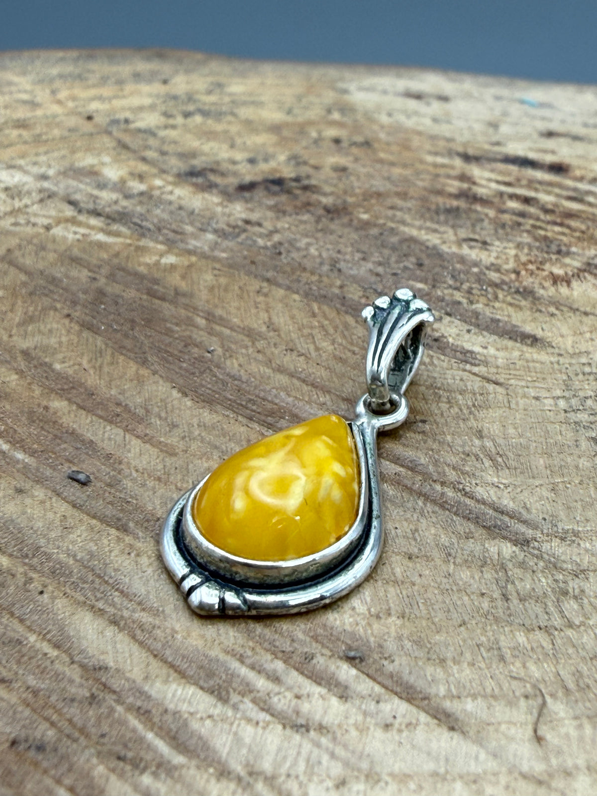 Vintage Butterscotch Amber Teardrop Pendant, Sterling Silver