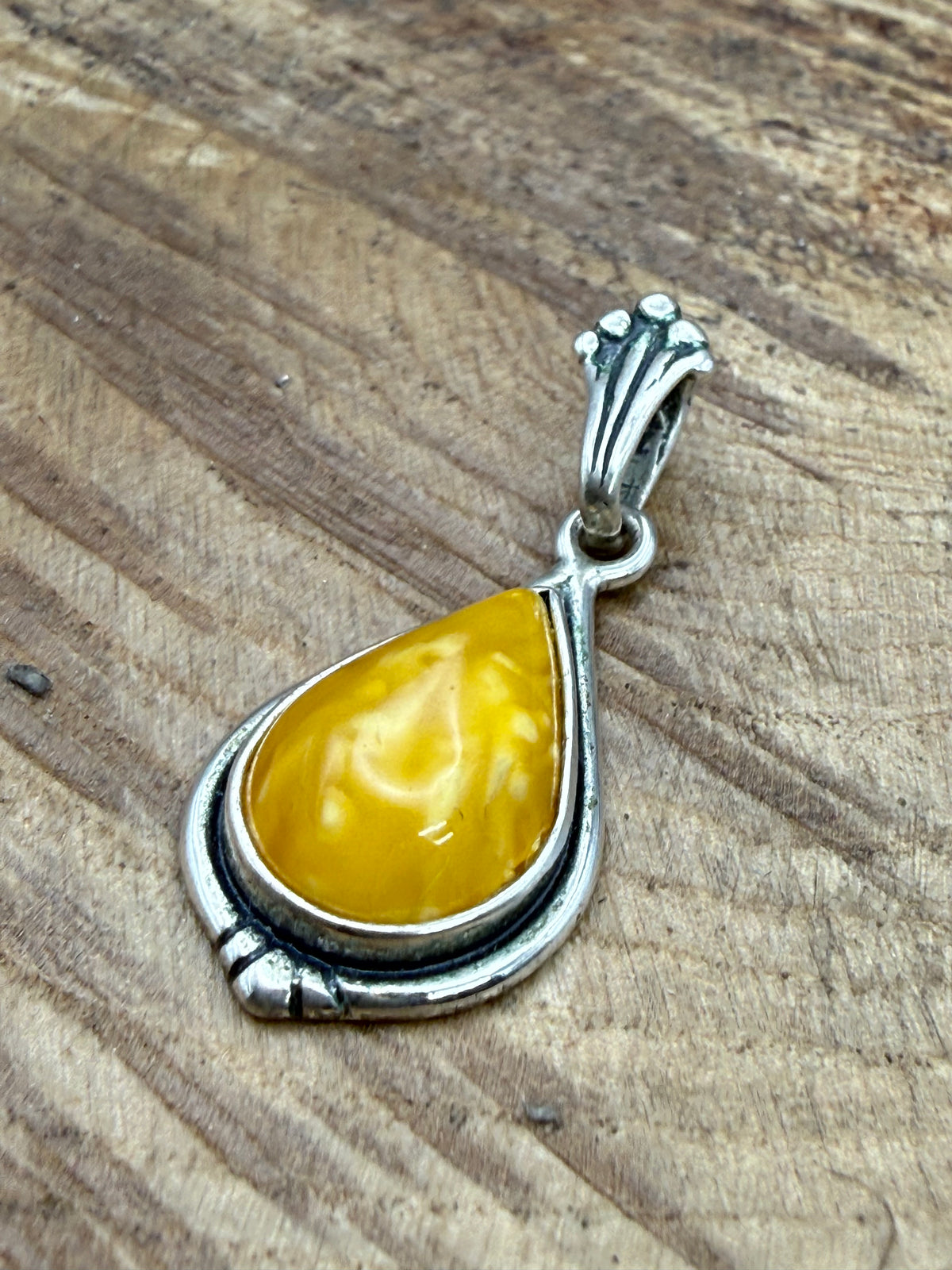 Vintage Butterscotch Amber Teardrop Pendant, Sterling Silver