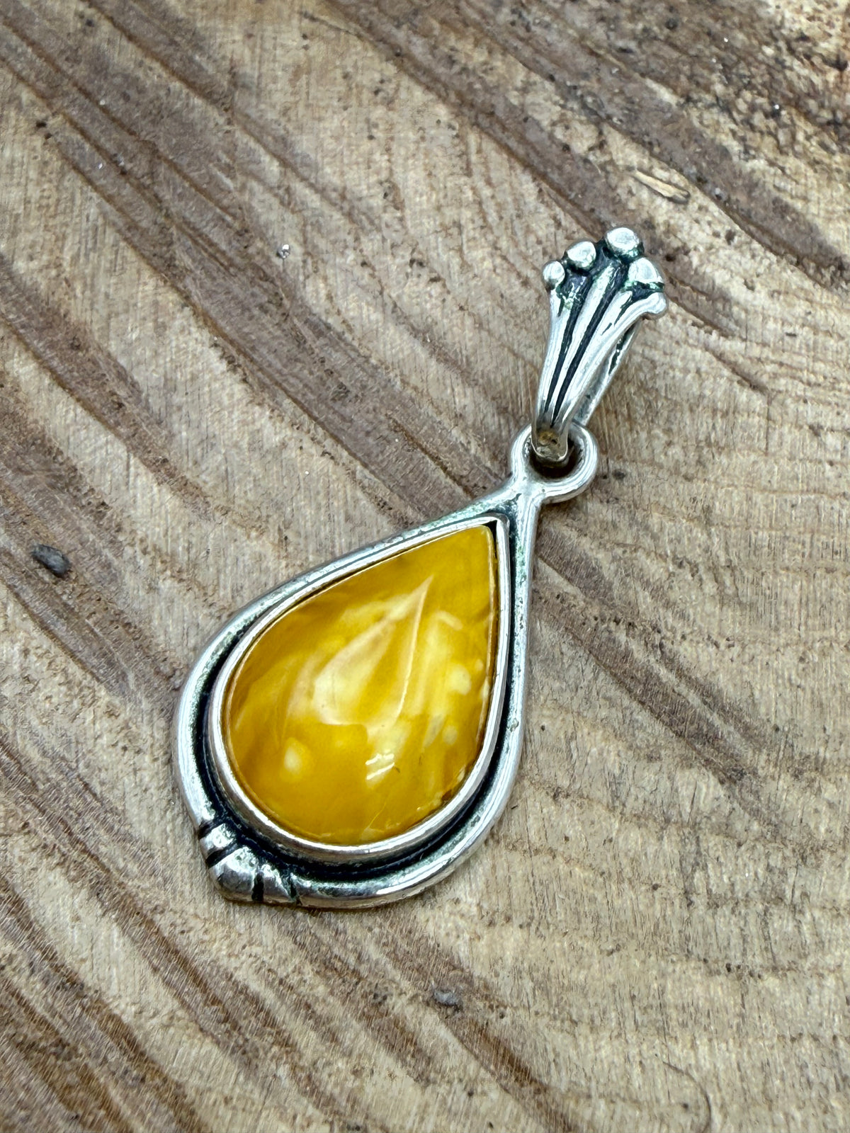 Vintage Butterscotch Amber Teardrop Pendant, Sterling Silver
