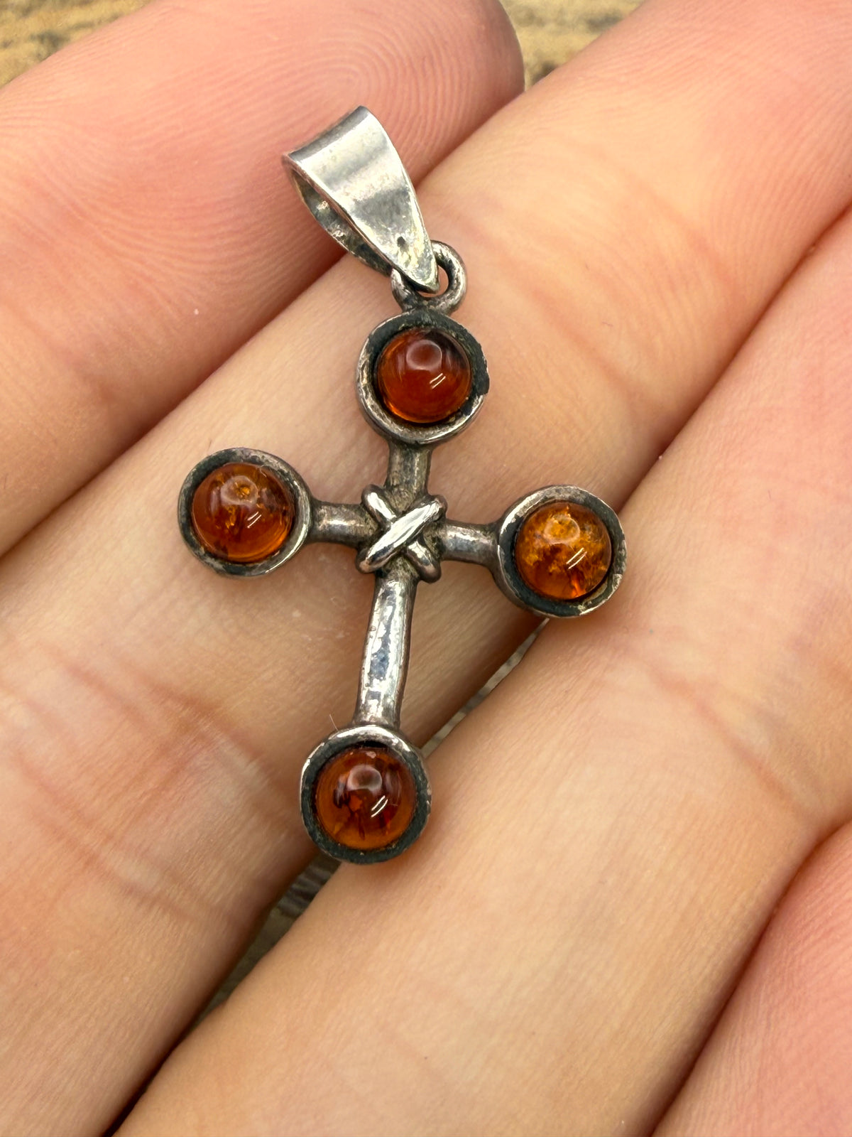 Vintage Sterling Silver Amber Cross Pendant
