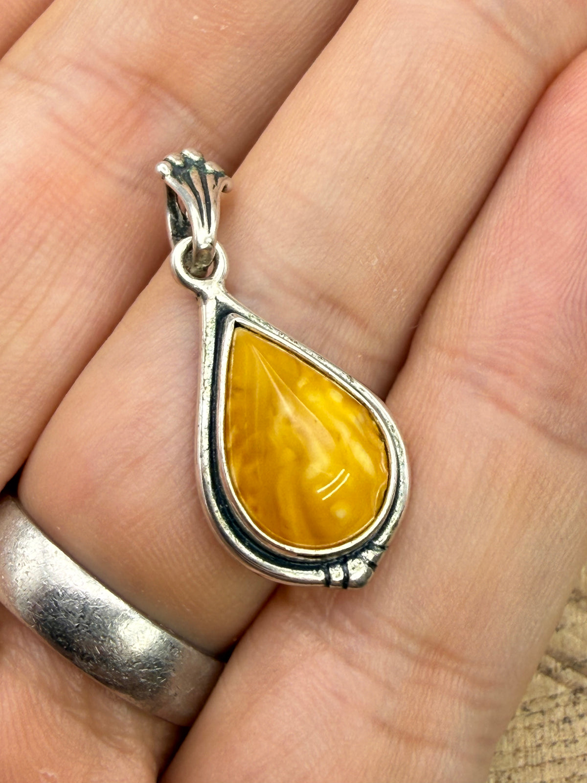 Vintage Butterscotch Amber Teardrop Pendant, Sterling Silver