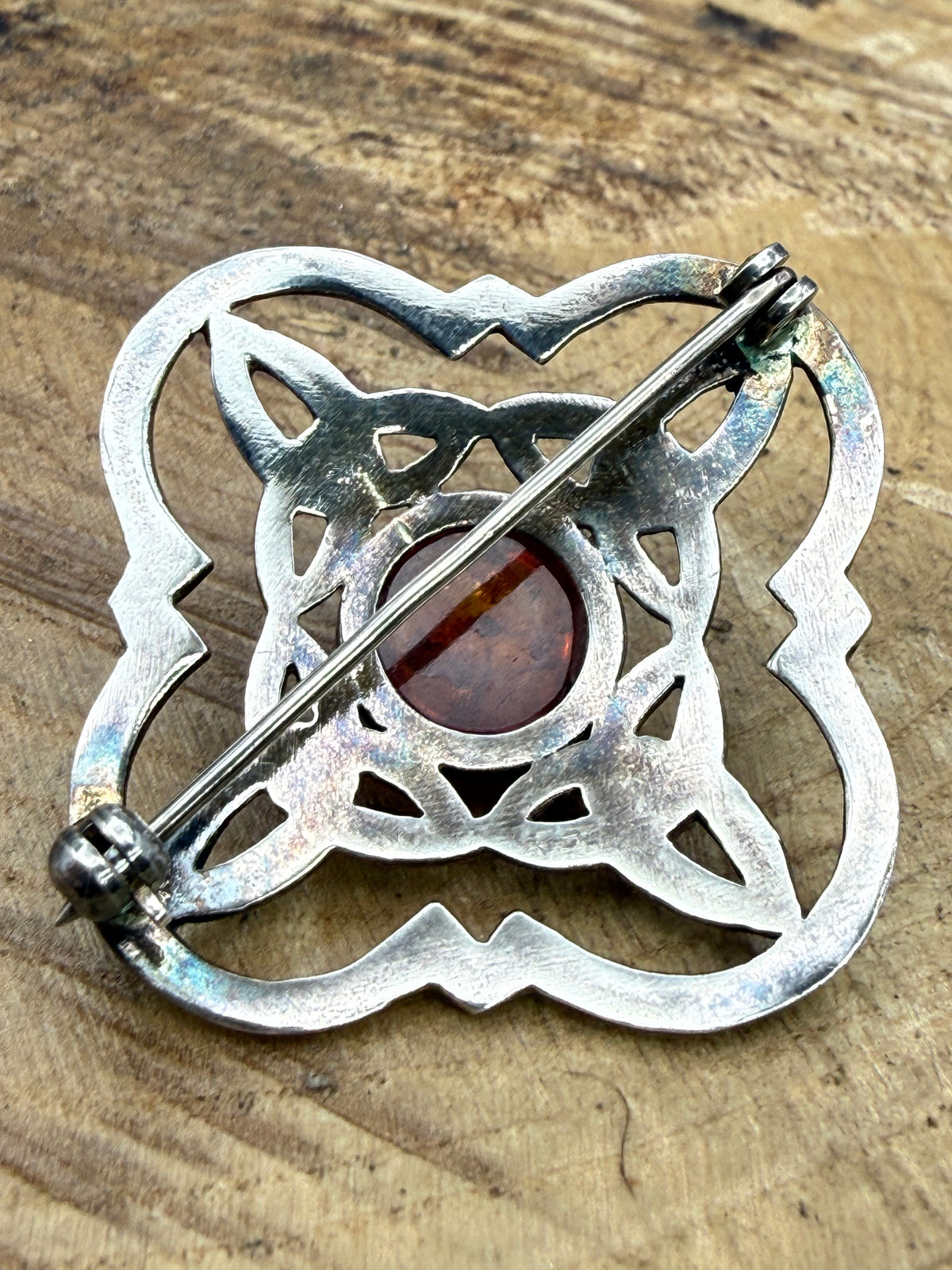 Vintage Celtic Knot Brooch with Amber Cabochon