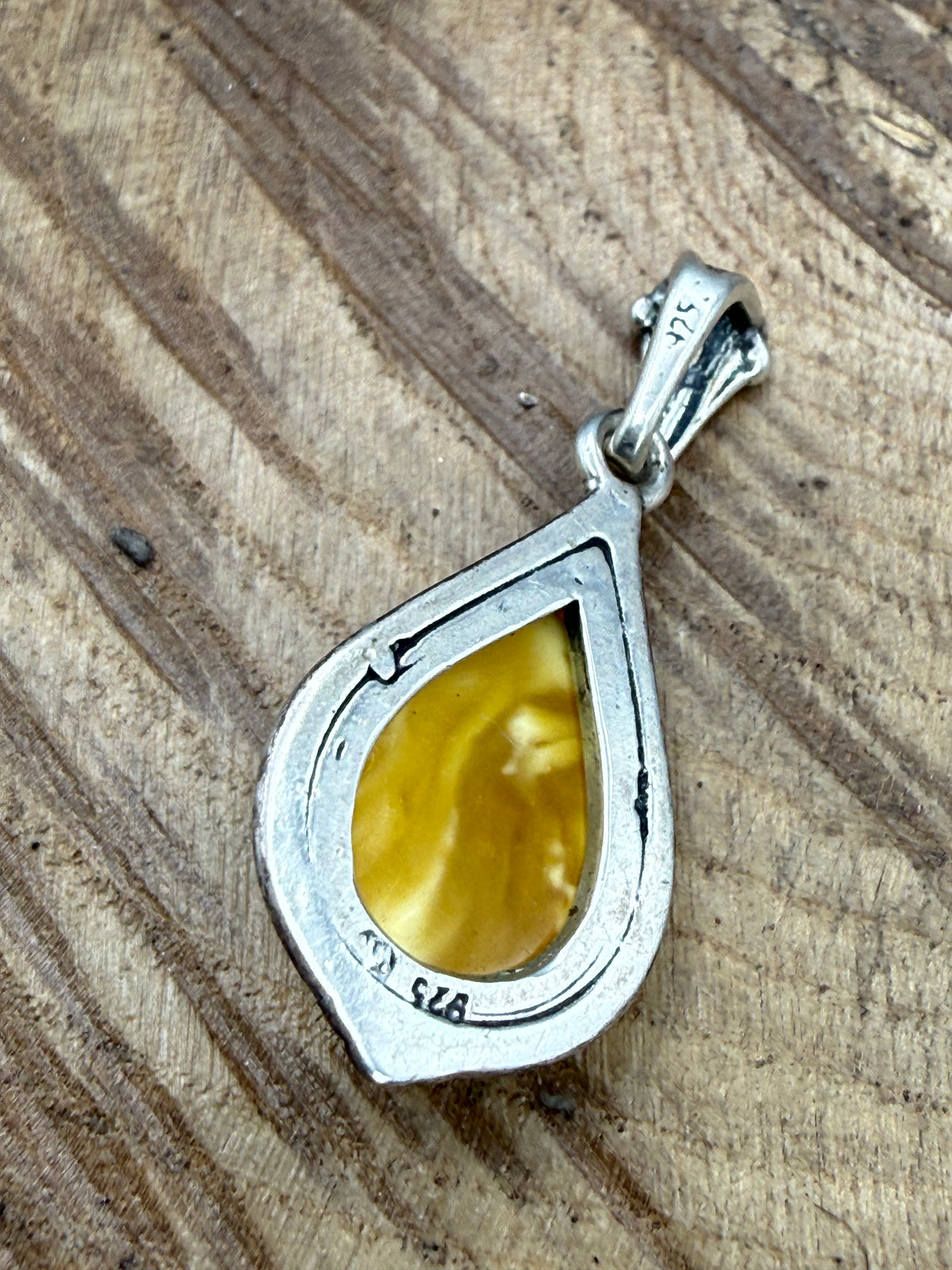 Vintage Butterscotch Amber Teardrop Pendant, Sterling Silver