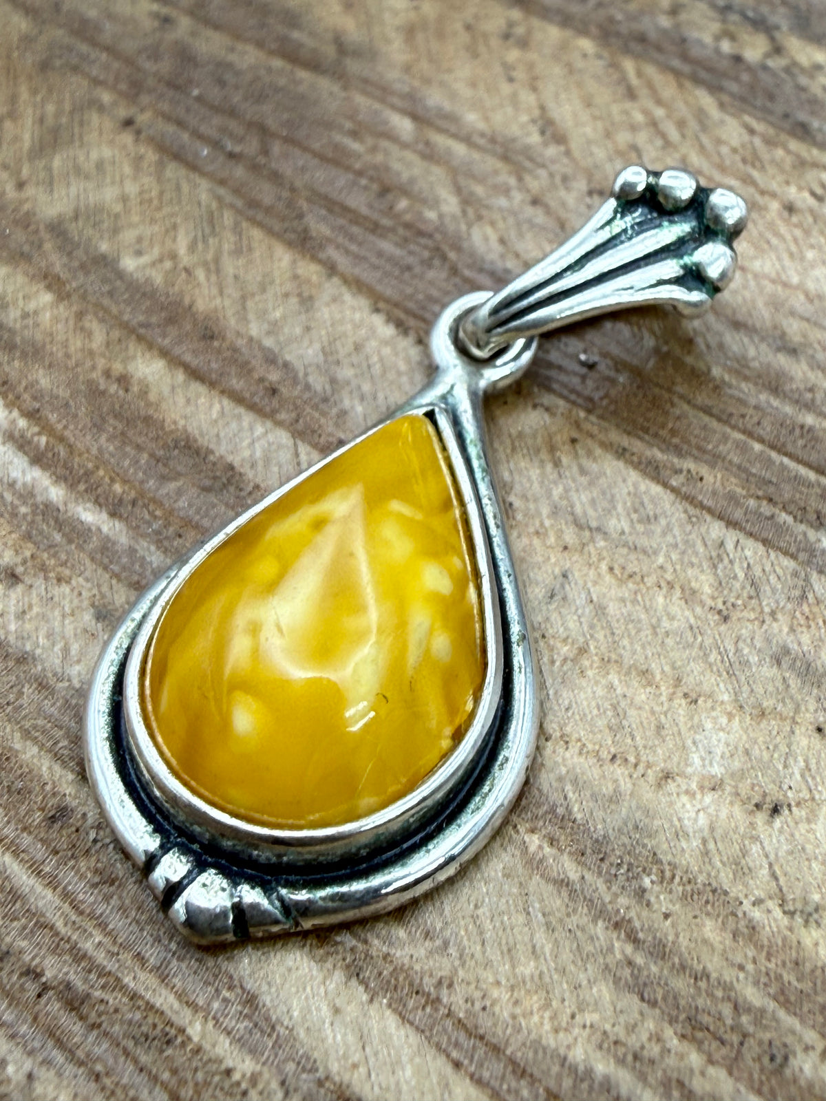Vintage Butterscotch Amber Teardrop Pendant, Sterling Silver