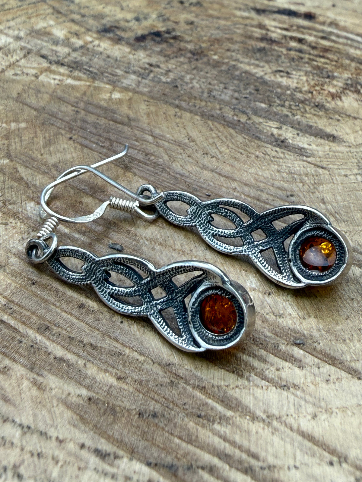 Vintage Sterling Silver Celtic Knot Amber Earrings