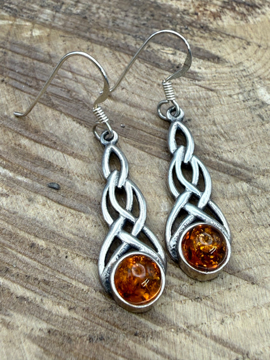 Vintage Sterling Silver Celtic Knot Amber Earrings