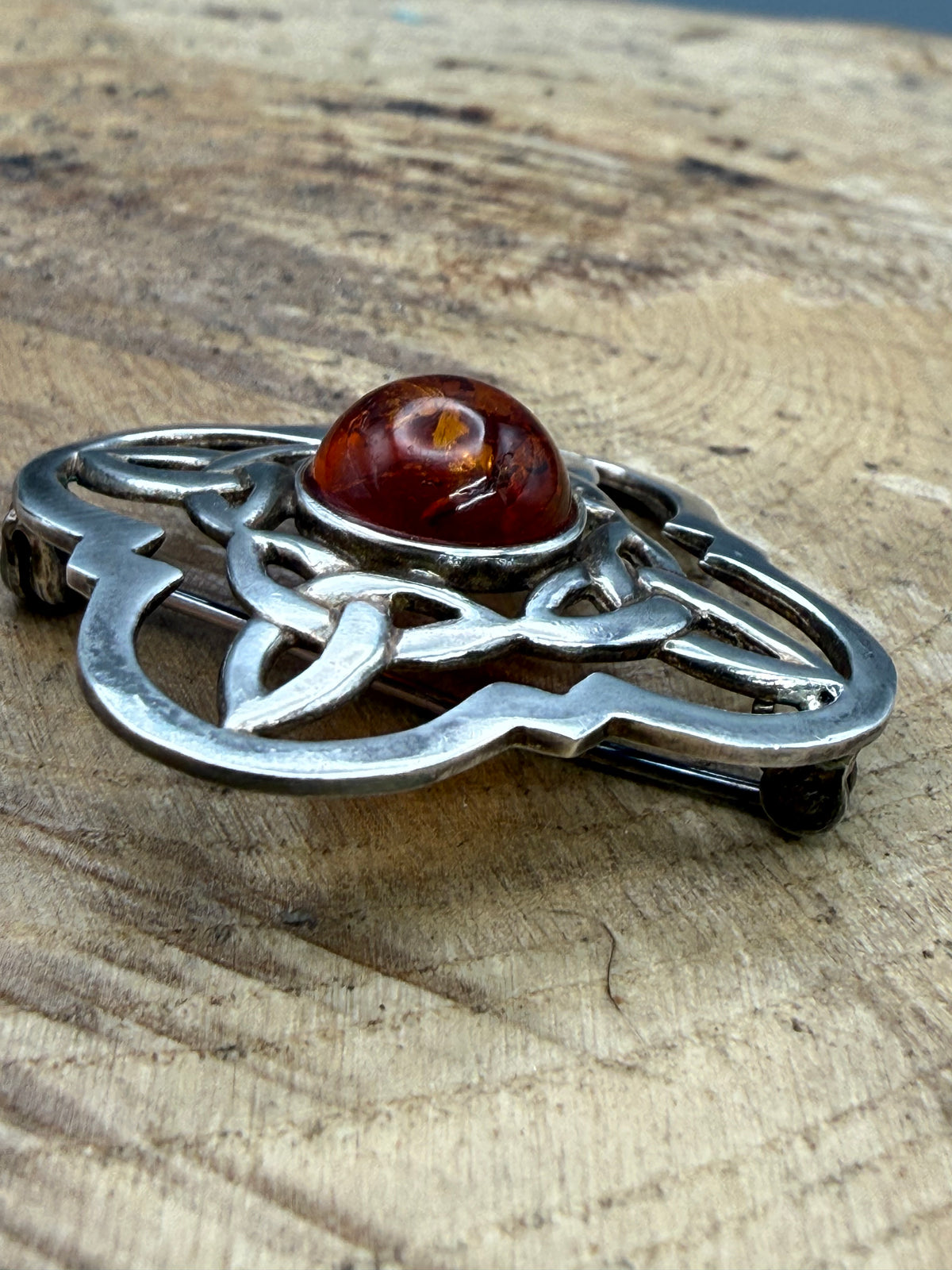 Vintage Celtic Knot Brooch with Amber Cabochon