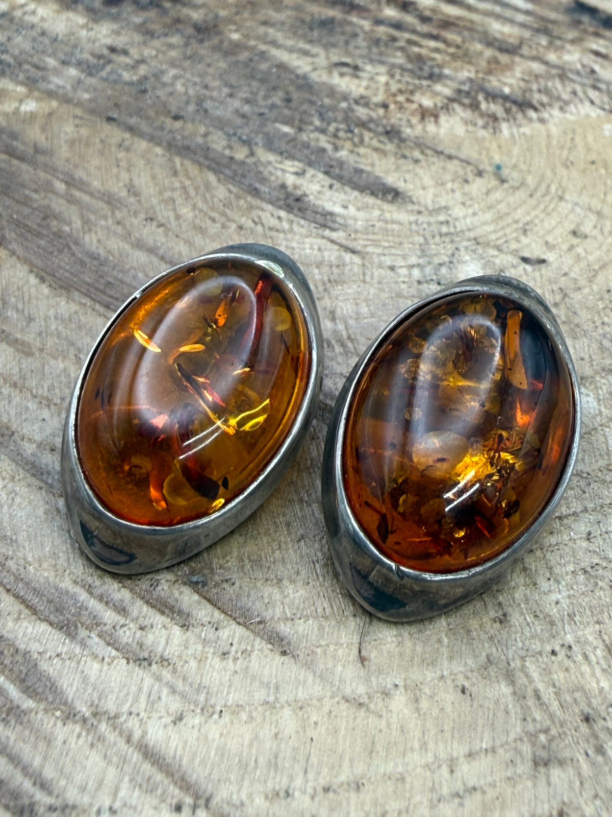 Vintage Oval Baltic Amber Clip On Earrings, Sterling Silver