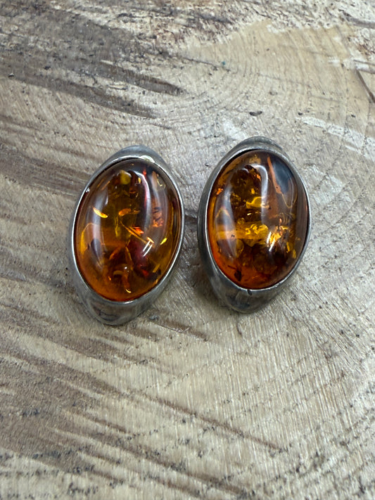 Vintage Oval Baltic Amber Clip On Earrings, Sterling Silver