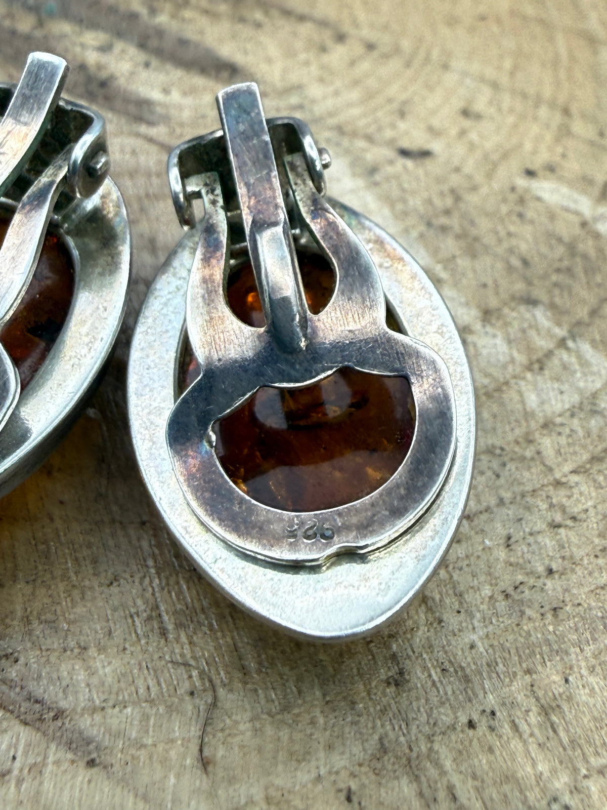 Vintage Oval Baltic Amber Clip On Earrings, Sterling Silver