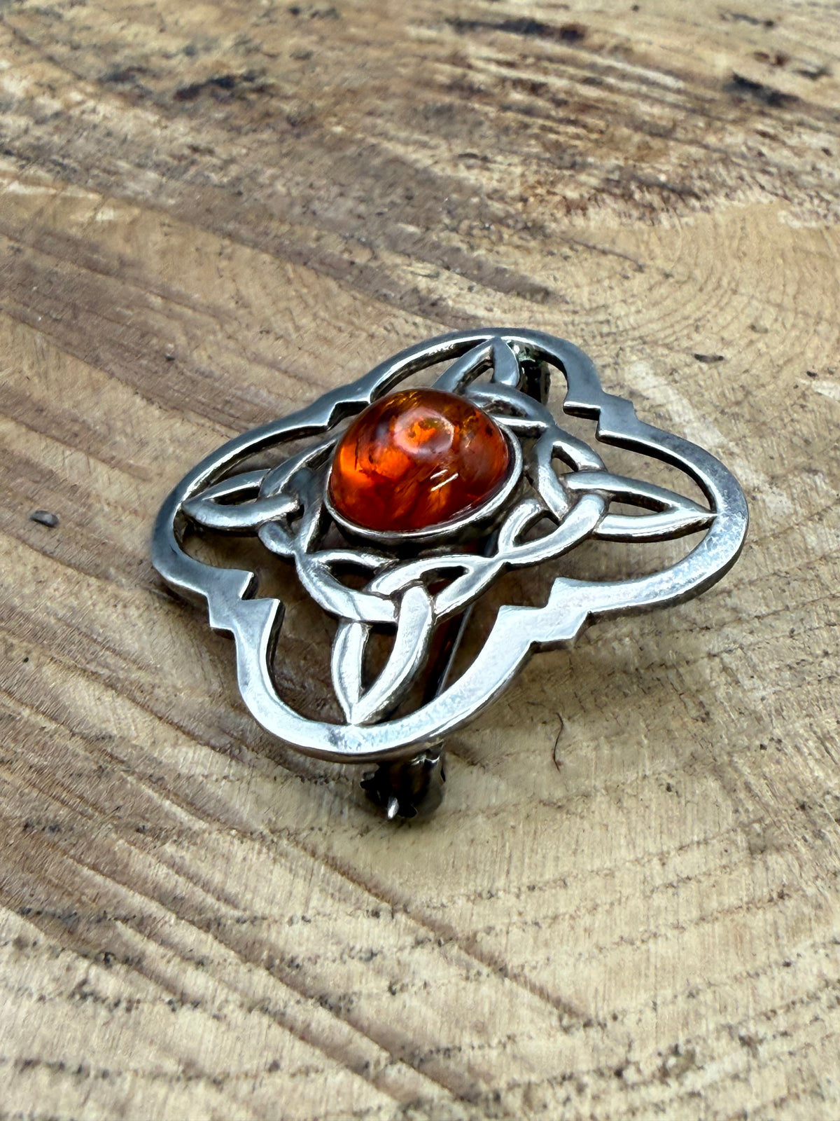 Vintage Celtic Knot Brooch with Amber Cabochon