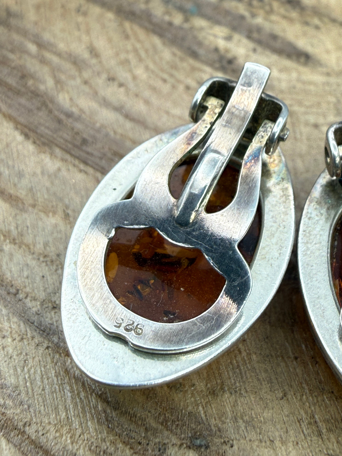 Vintage Oval Baltic Amber Clip On Earrings, Sterling Silver