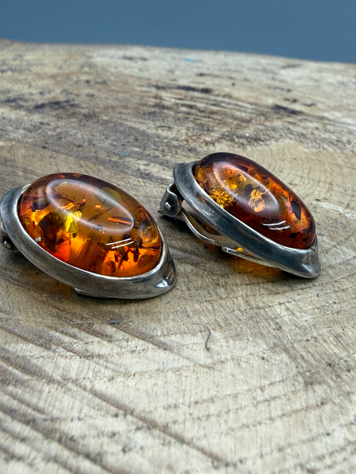 Vintage Oval Baltic Amber Clip On Earrings, Sterling Silver