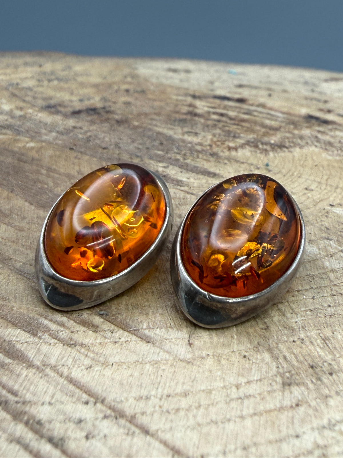 Vintage Oval Baltic Amber Clip On Earrings, Sterling Silver