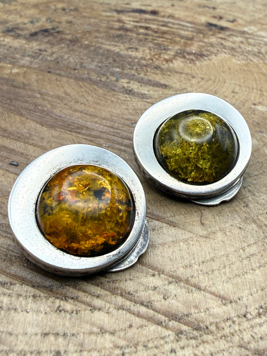 Vintage Sterling Silver Amber Clip-On Earrings