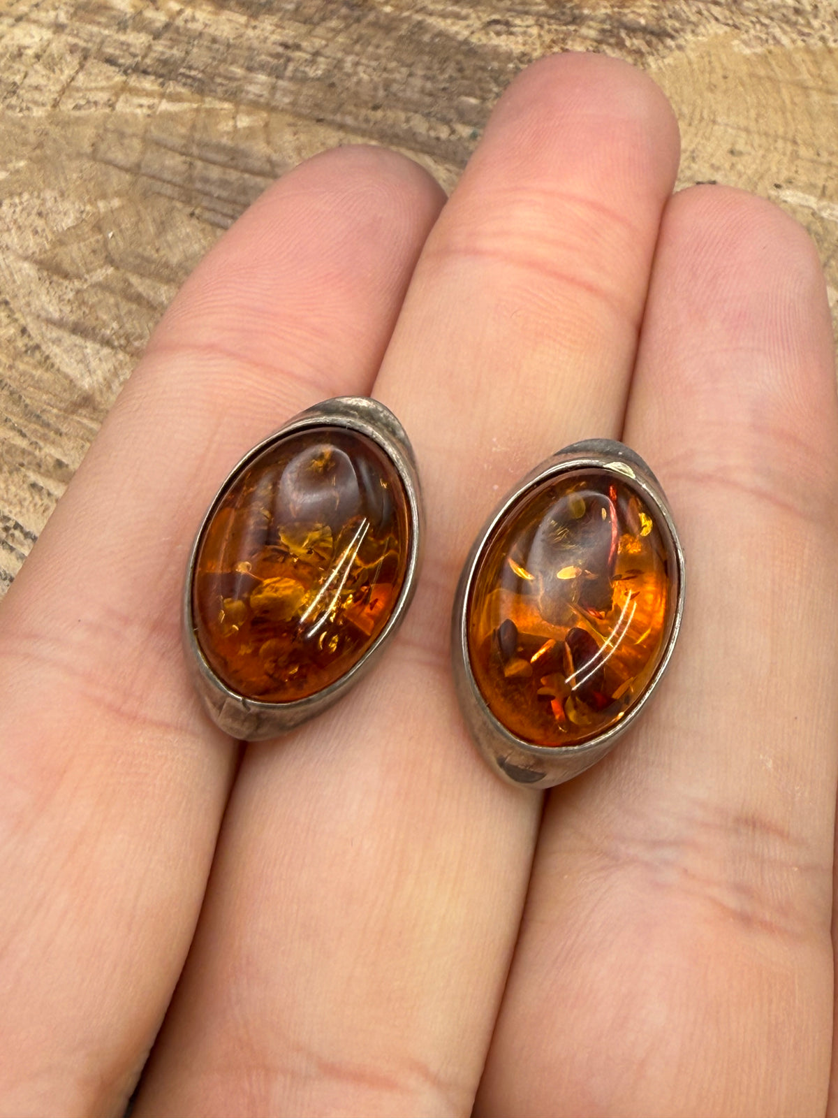 Vintage Oval Baltic Amber Clip On Earrings, Sterling Silver