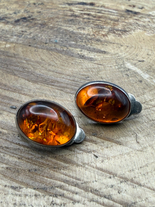 Vintage Sterling Silver Oval Amber Clip-On Earrings