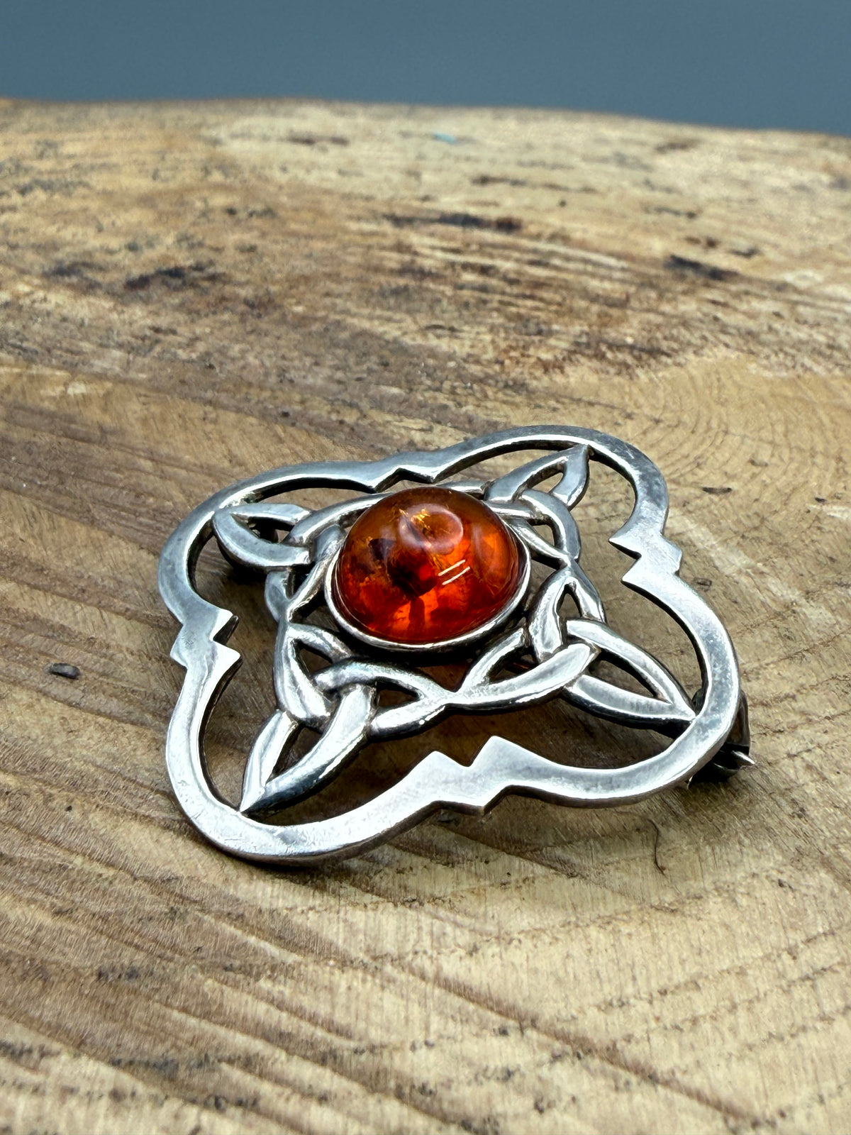 Vintage Celtic Knot Brooch with Amber Cabochon