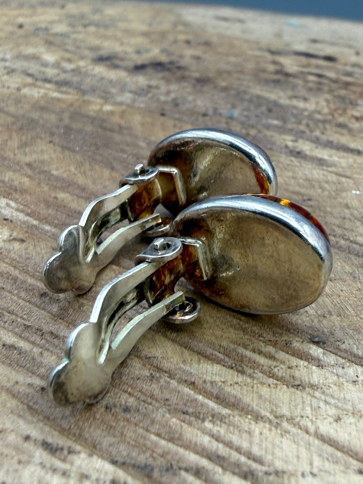 Vintage Sterling Silver Oval Amber Clip-On Earrings