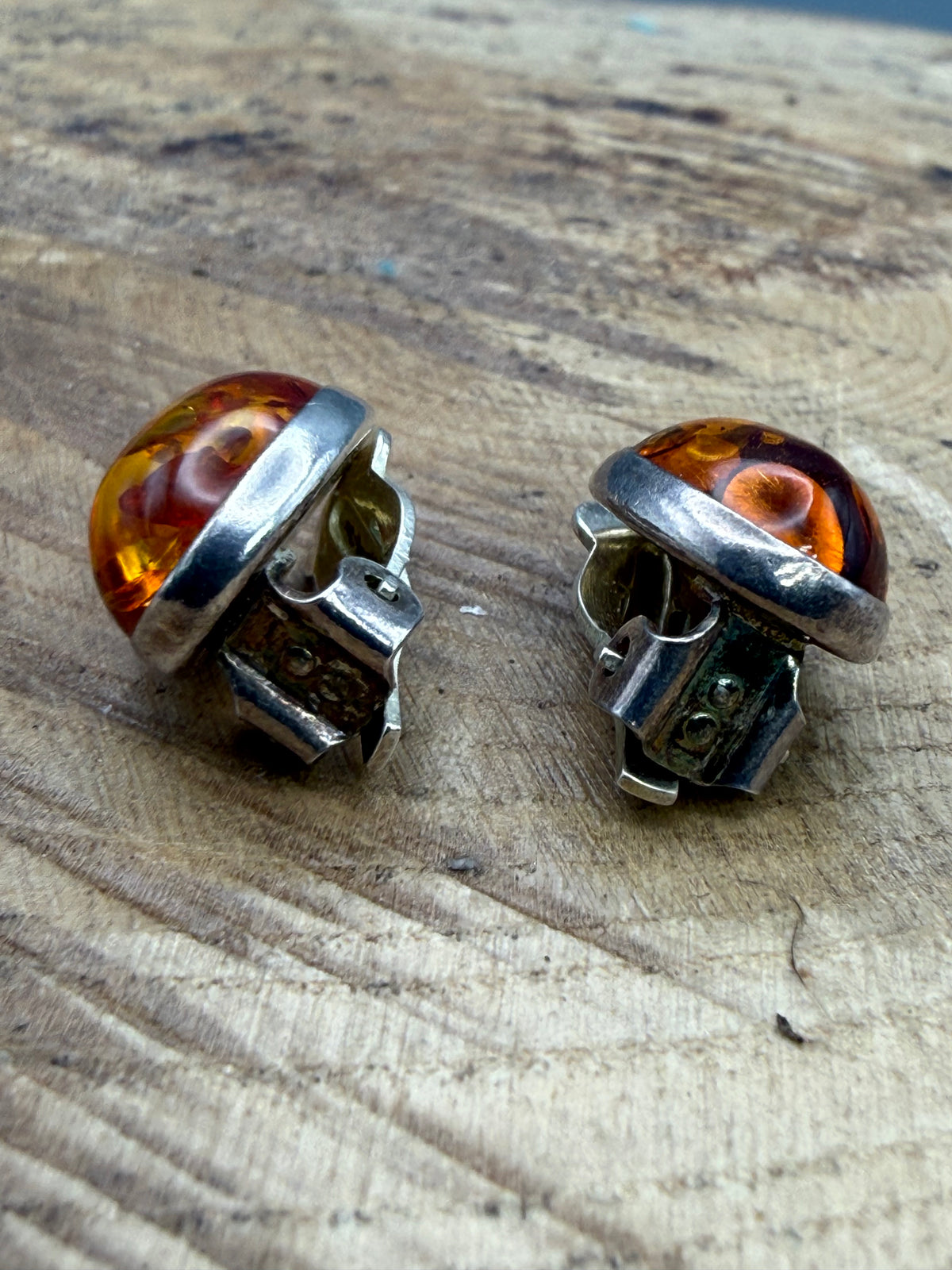 Vintage Sterling Silver Oval Amber Clip-On Earrings