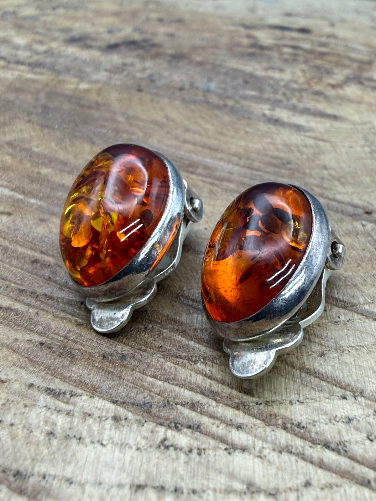 Vintage Sterling Silver Oval Amber Clip-On Earrings