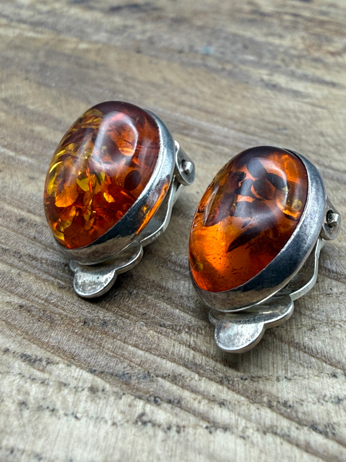 Vintage Sterling Silver Oval Amber Clip-On Earrings