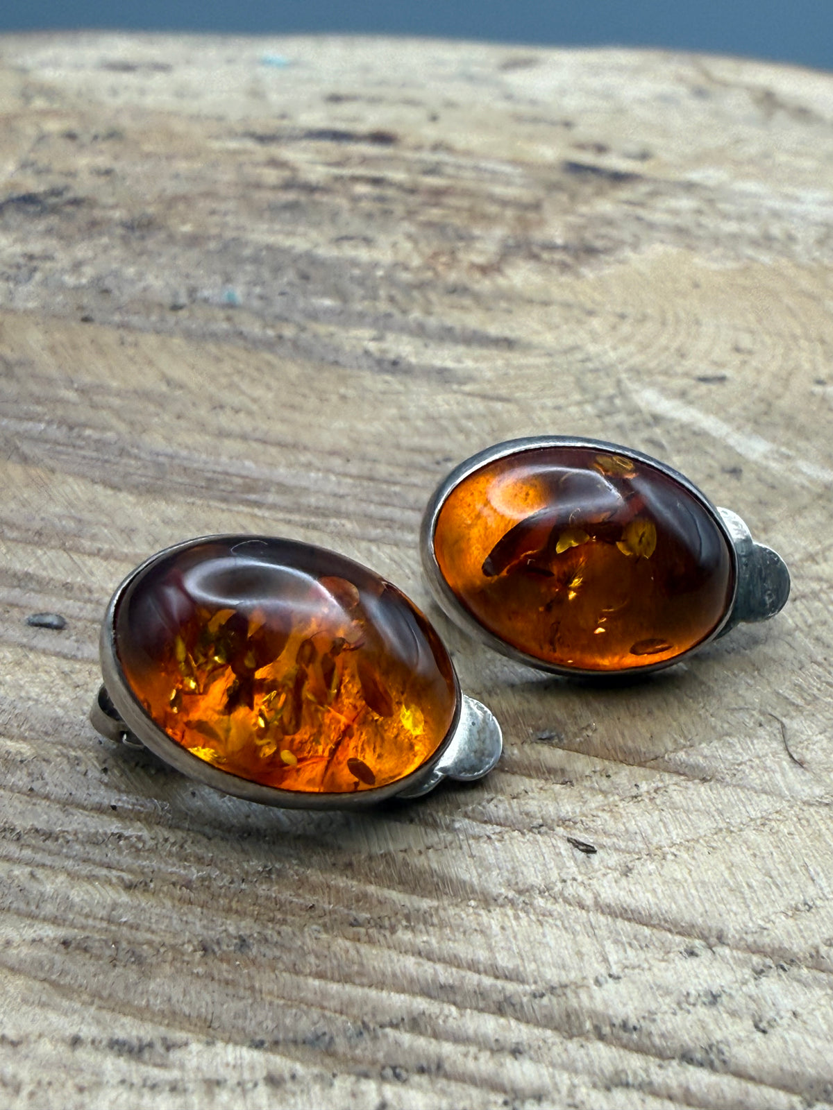 Vintage Sterling Silver Oval Amber Clip-On Earrings