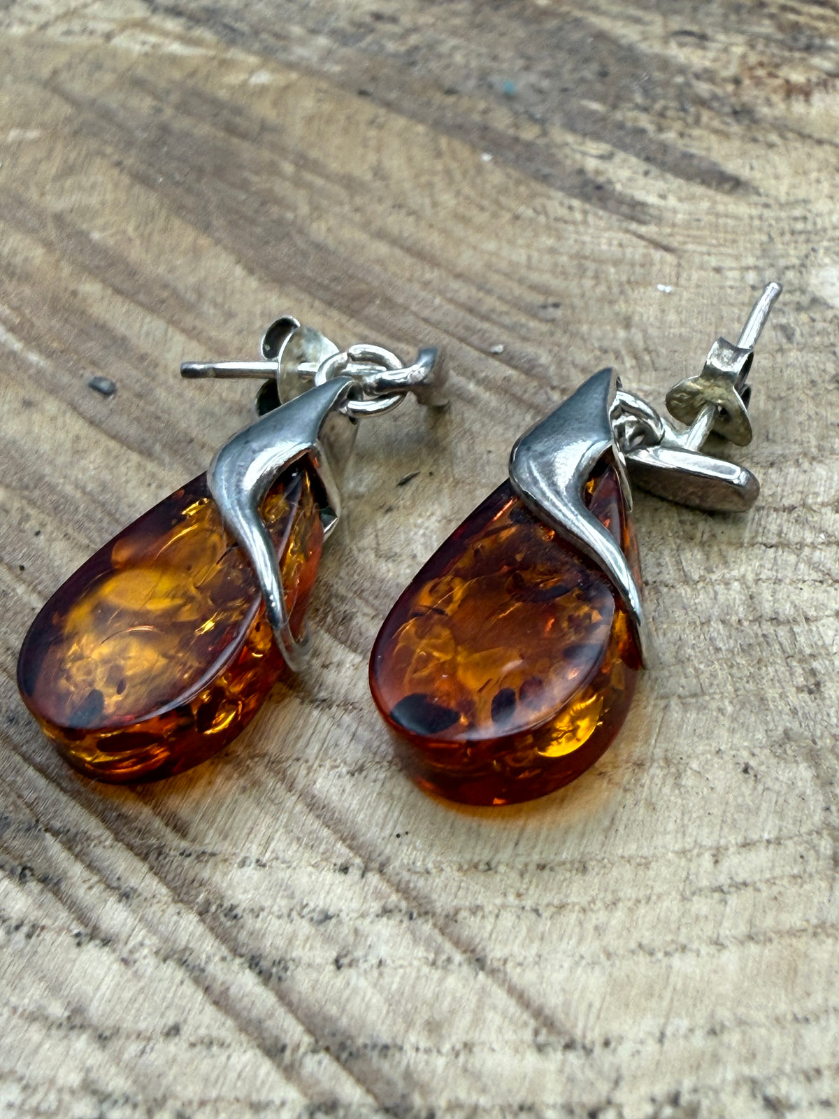 Vintage Sterling Silver Amber Teardrop Earrings