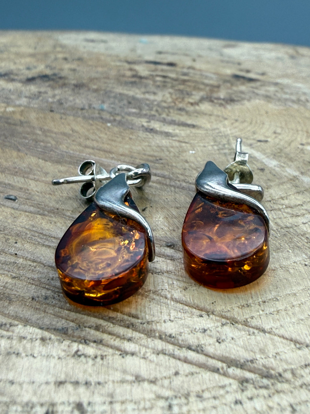 Vintage Sterling Silver Amber Teardrop Earrings