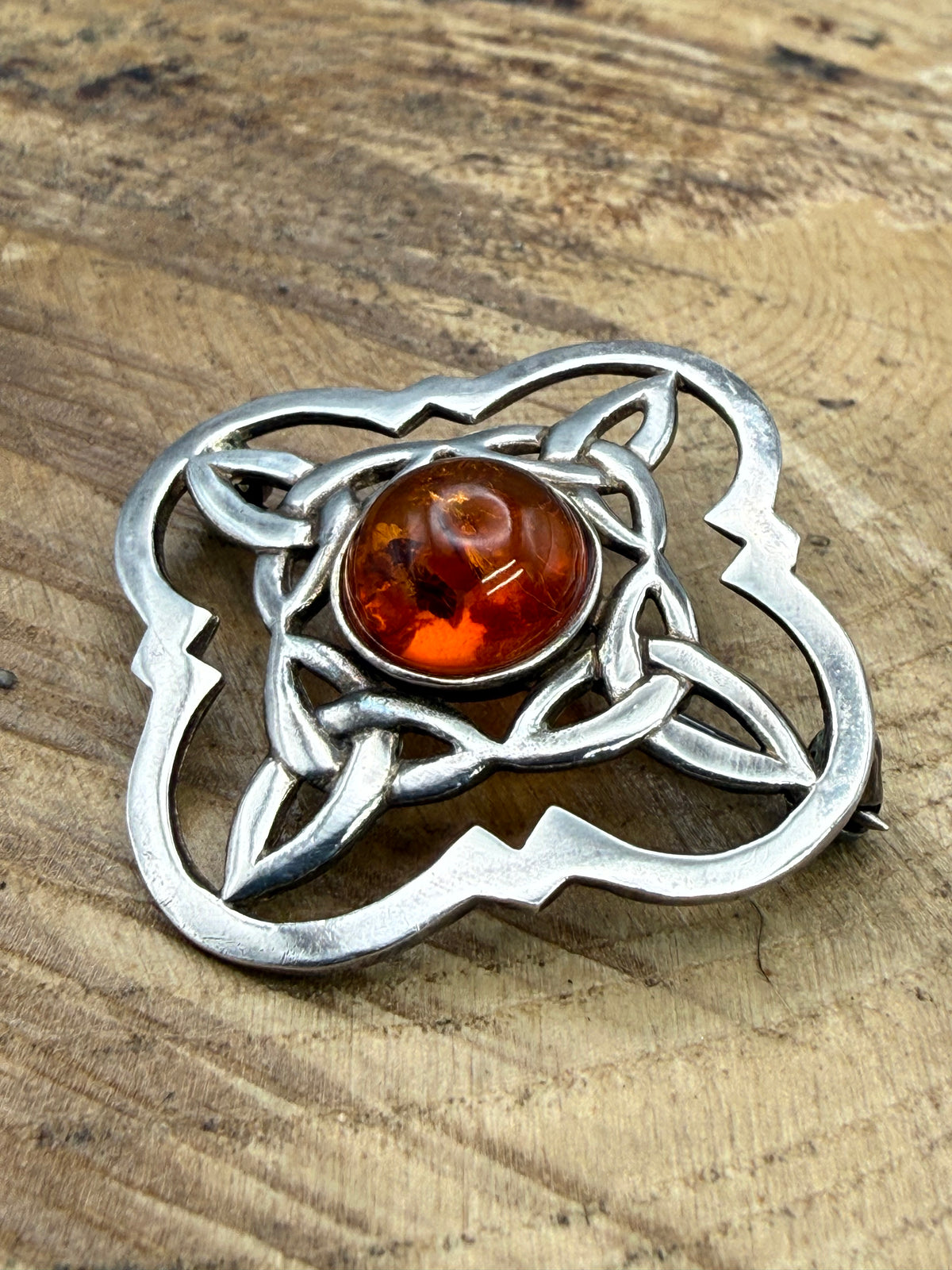 Vintage Celtic Knot Brooch with Amber Cabochon
