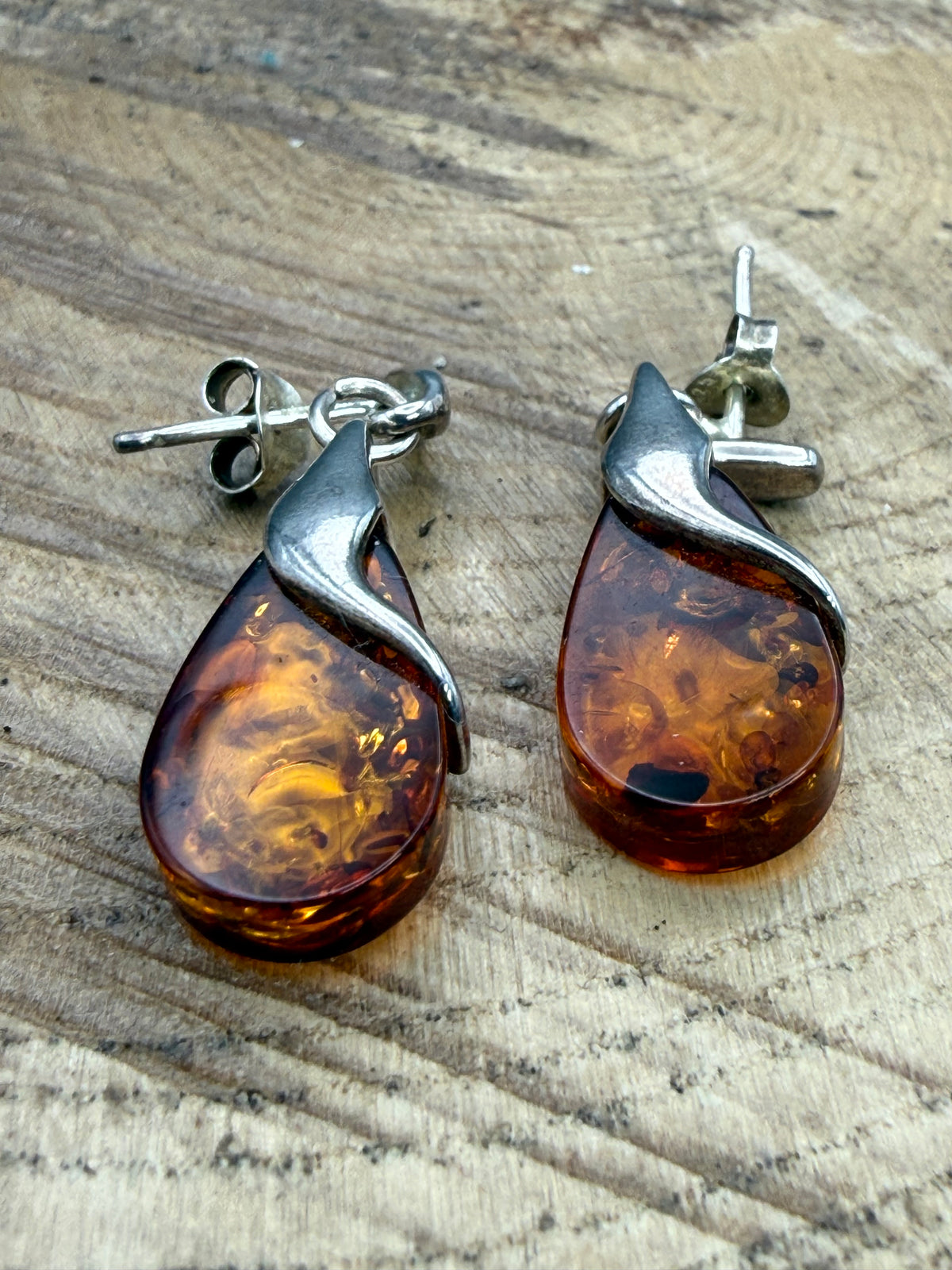 Vintage Sterling Silver Amber Teardrop Earrings