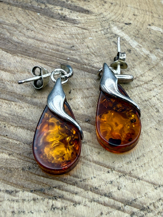 Vintage Sterling Silver Amber Teardrop Earrings