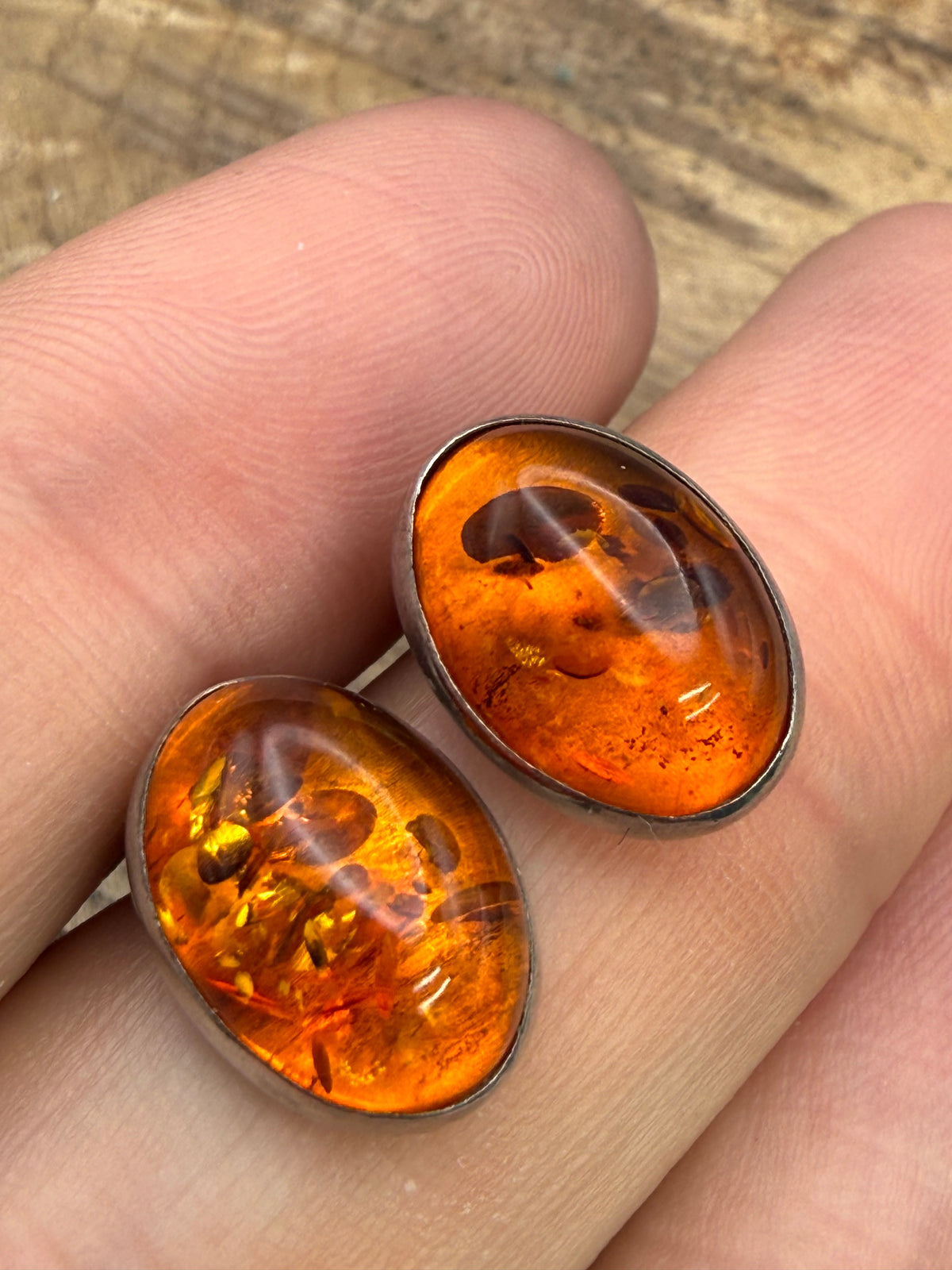 Vintage Sterling Silver Oval Amber Clip-On Earrings