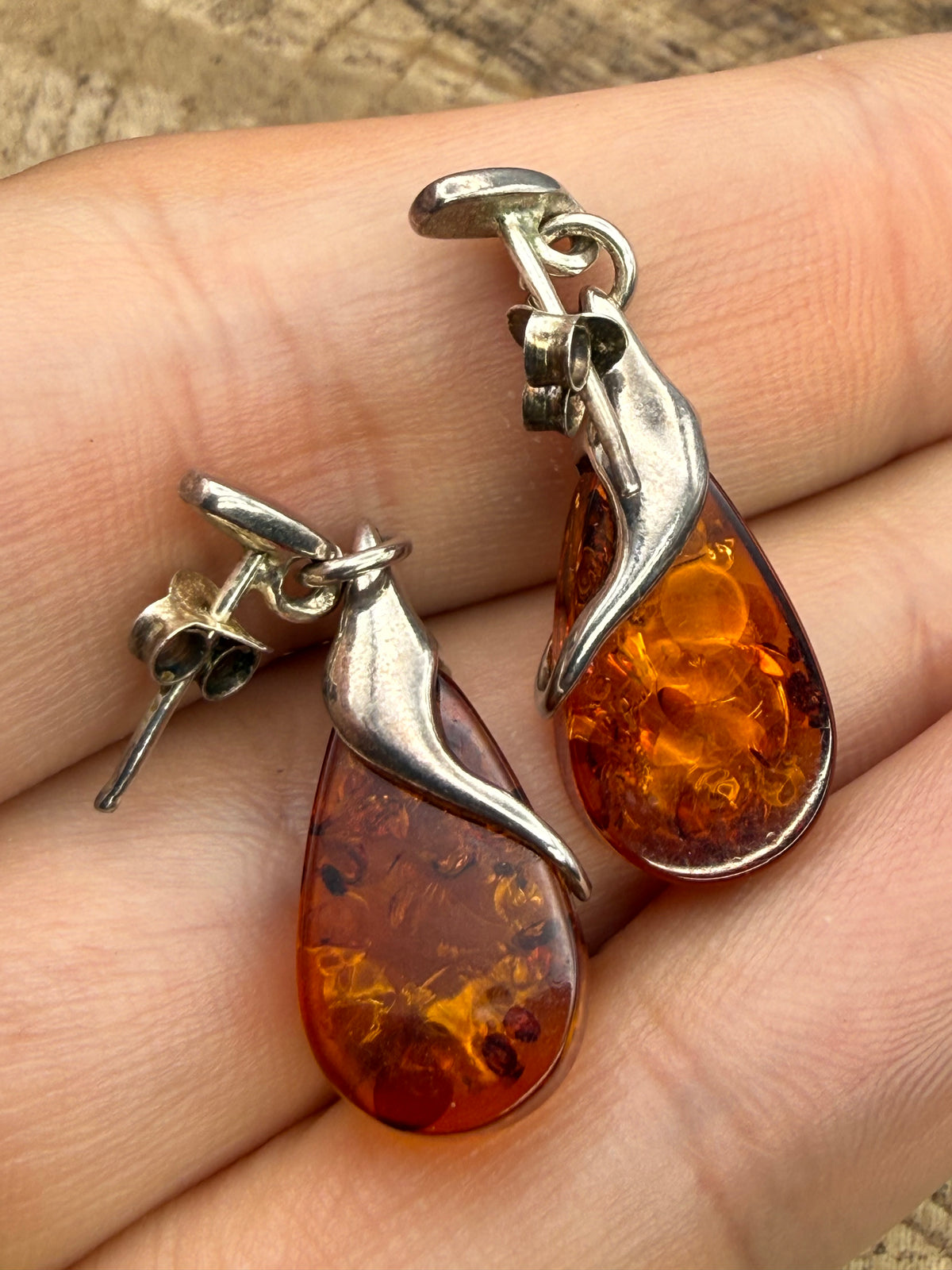 Vintage Sterling Silver Amber Teardrop Earrings