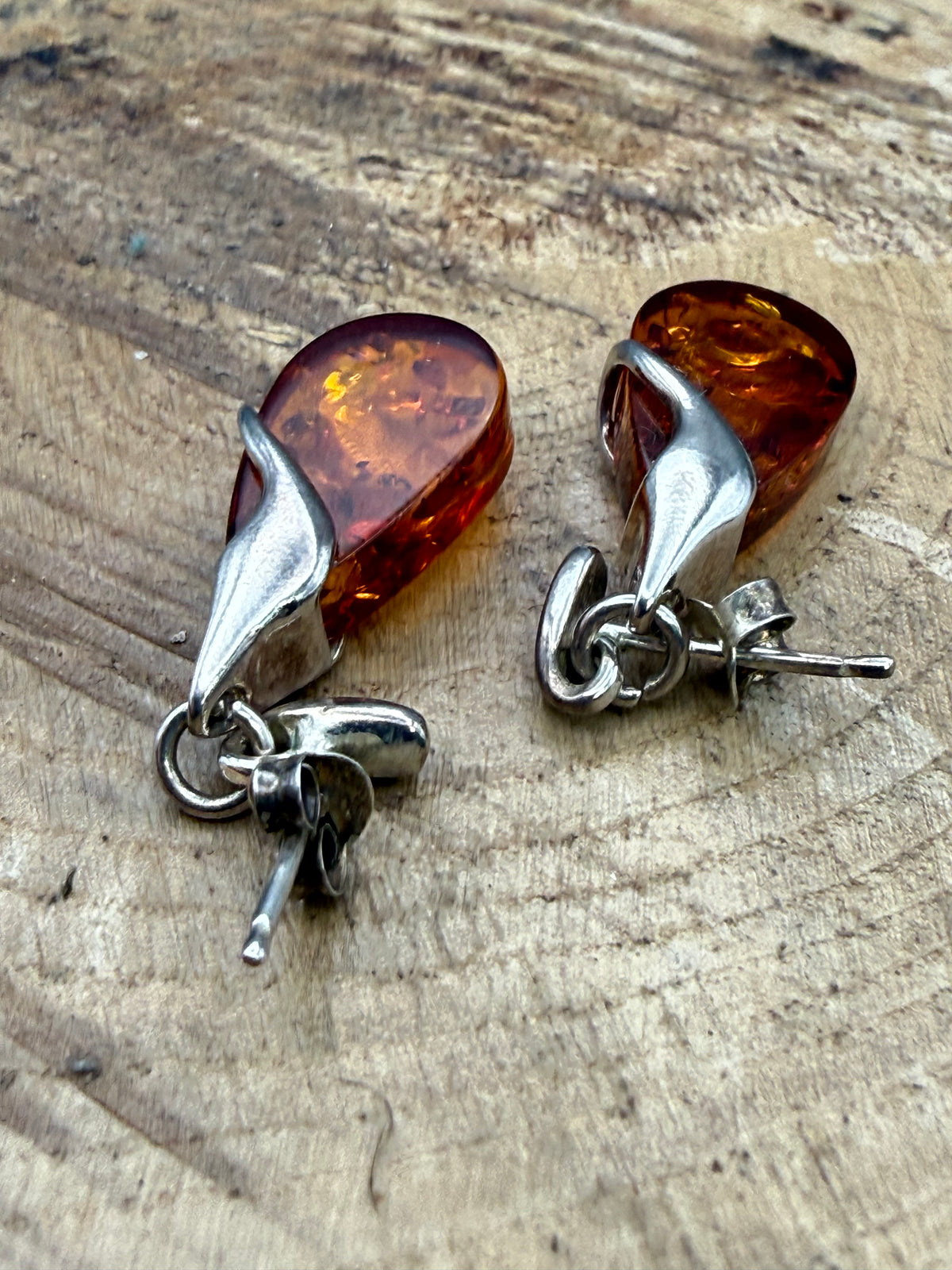 Vintage Sterling Silver Amber Teardrop Earrings