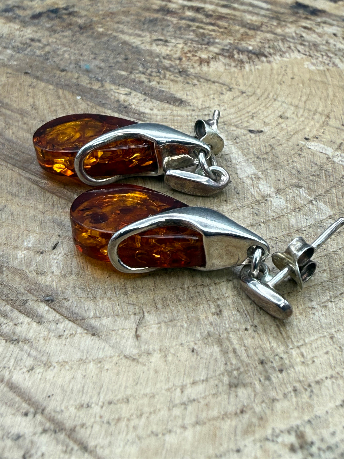 Vintage Sterling Silver Amber Teardrop Earrings