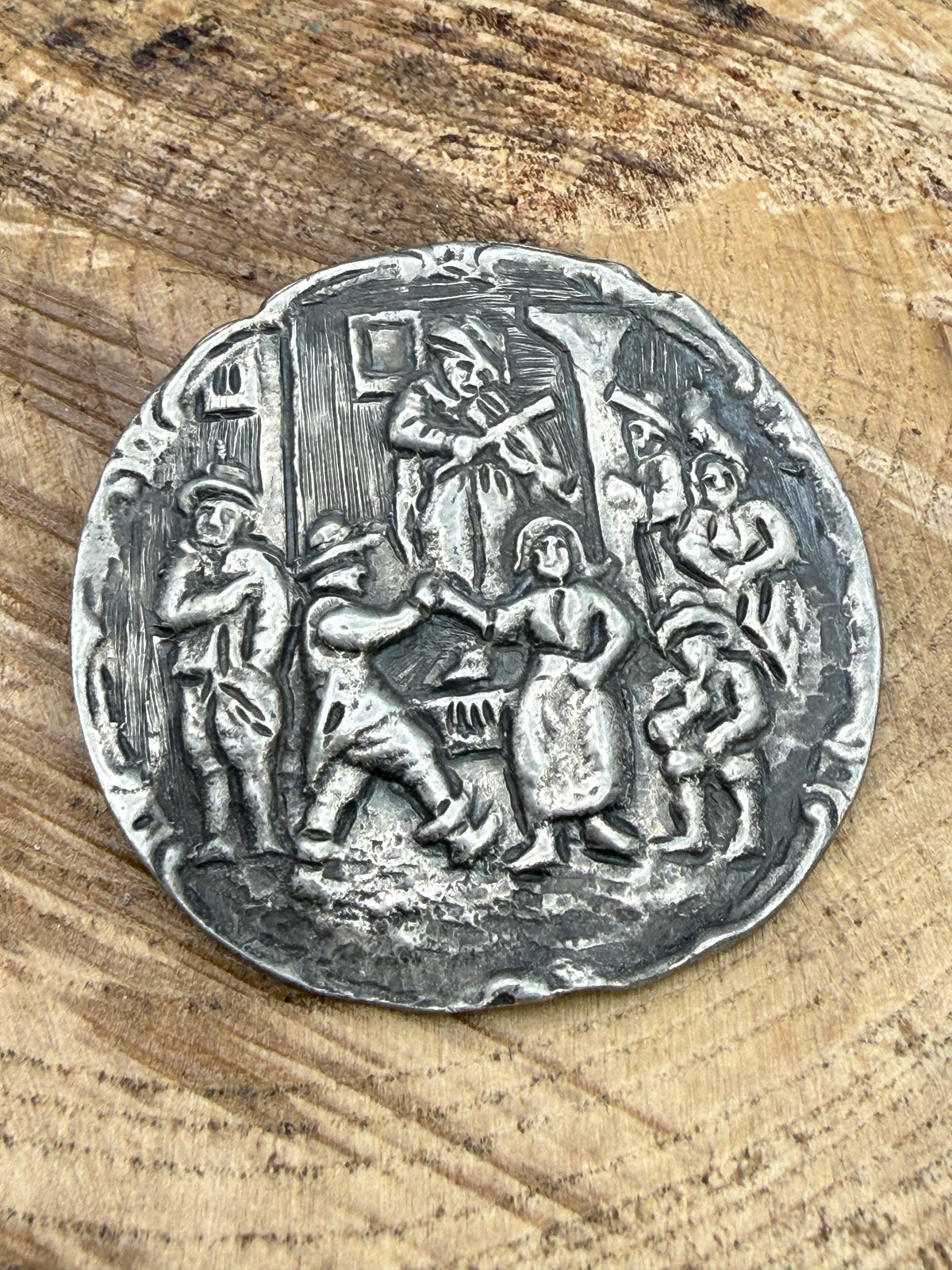 Vintage Flemish Tavern Scene Brooch, Dutch Pewter