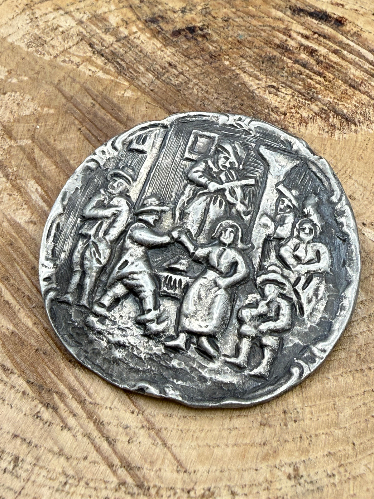 Vintage Flemish Tavern Scene Brooch, Dutch Pewter