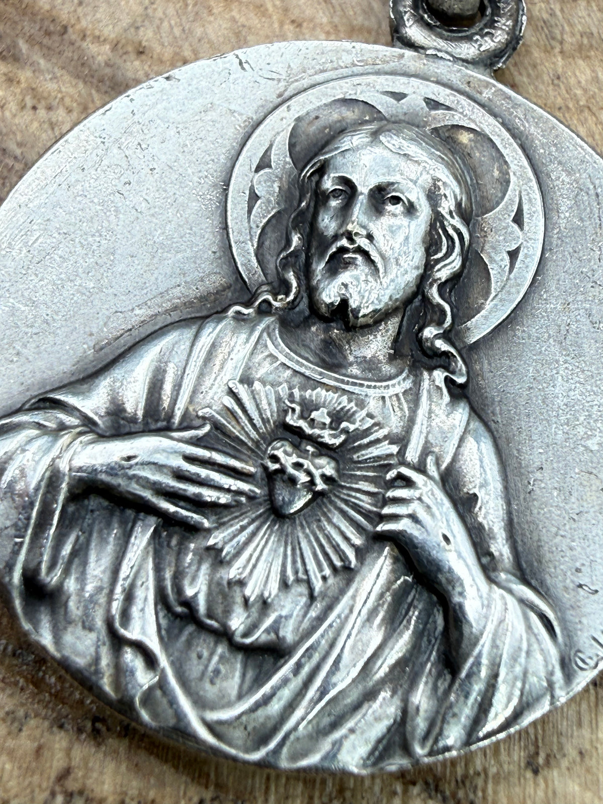 Antique Sacred Heart French Pendant Medal in Silver