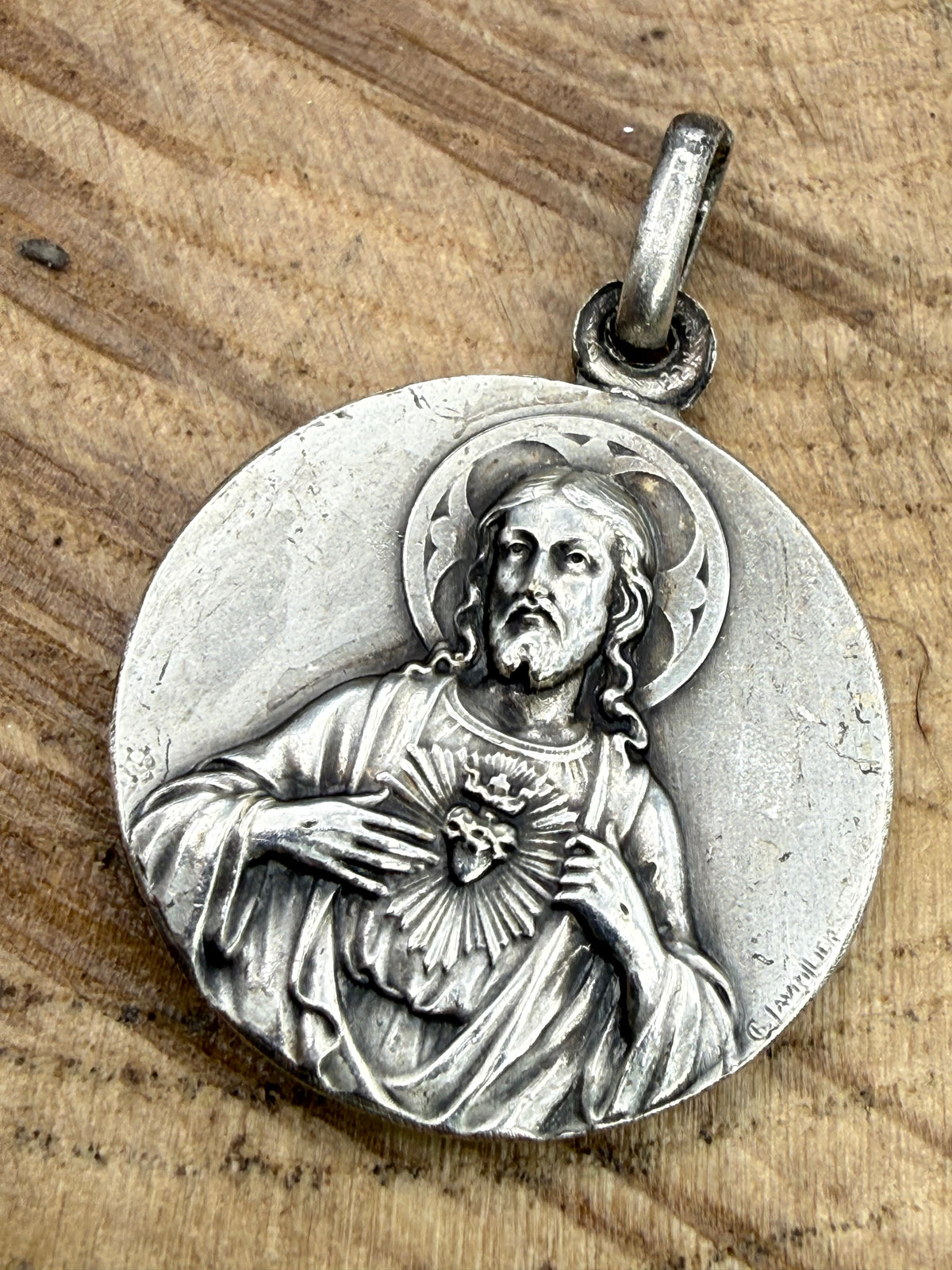 Antique Sacred Heart French Pendant Medal in Silver