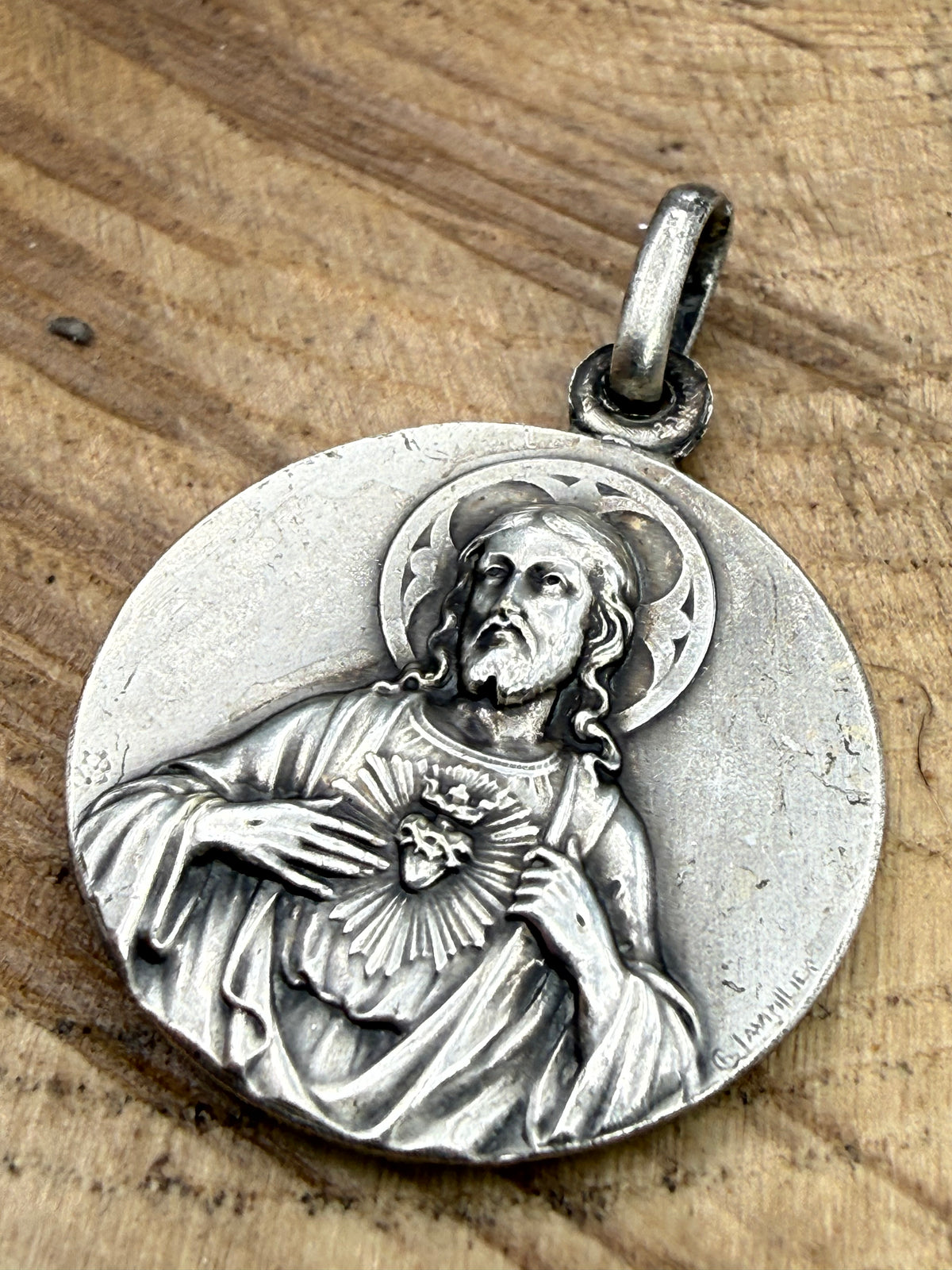 Antique Sacred Heart French Pendant Medal in Silver