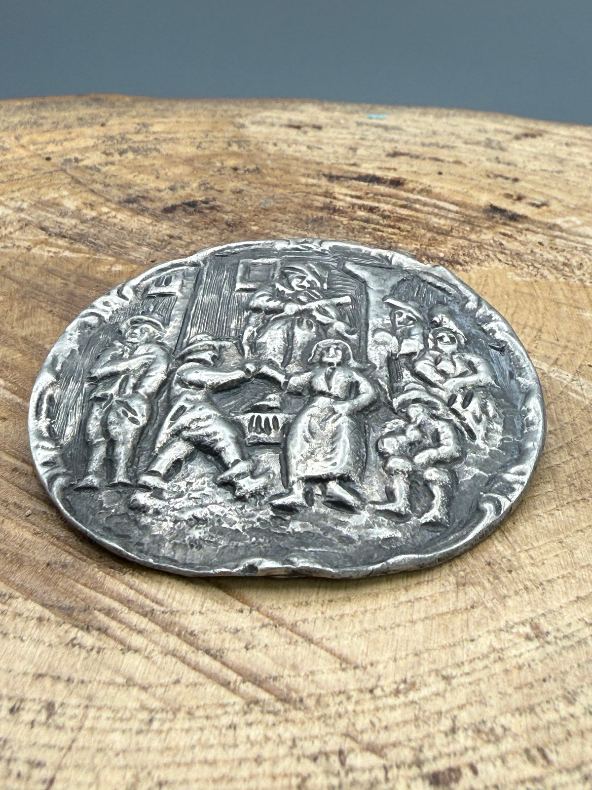 Vintage Flemish Tavern Scene Brooch, Dutch Pewter