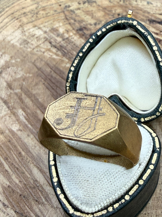 Antique Brass Monogram Signet Ring - Size Z